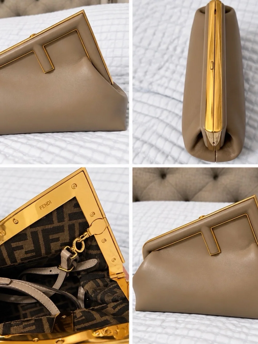 Fendi First Medium Taupe Leather Clutch with Gold Frame Trim